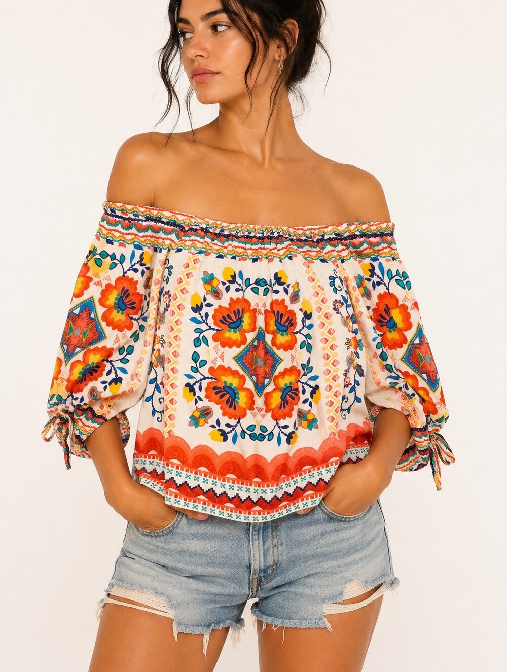 FLYING TOMATO Vibrant Mexican Inspired Off Shoulder Top M Rayon